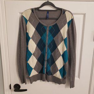 Falls Creek Turquoise Teal Gray Argyle Diamond Pattern Button Cardigan size M